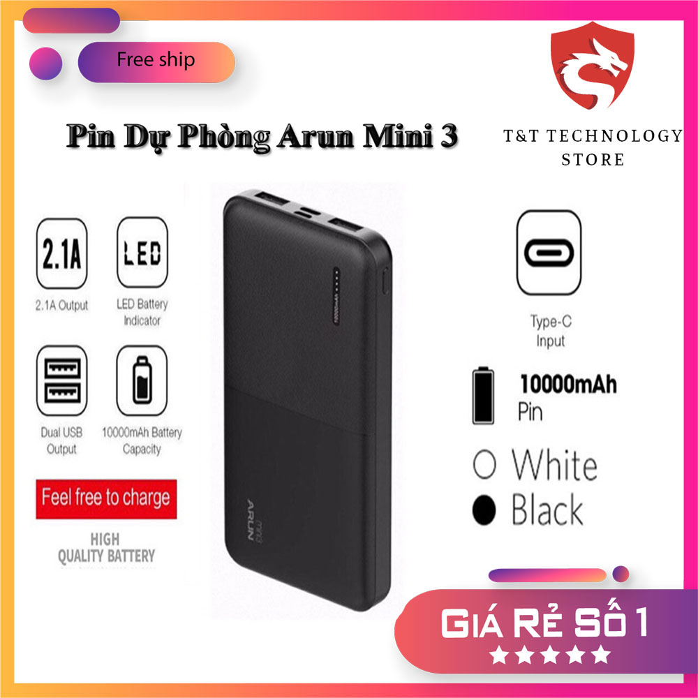Sạc pin dự phòng arun mini 3, sạc dự phòng 10000 mah, sạc dự phòng sạc nhanh, bảo hành 12 tháng