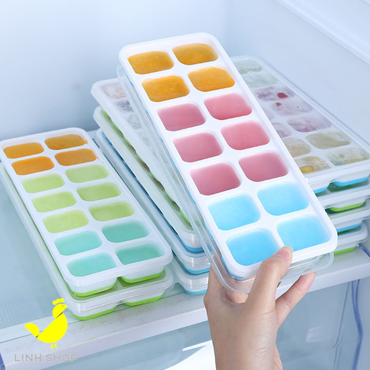 Khay Đá Silicon Có Nắp Đậy 14 Viên, Khay Đựng Đá Tủ Lạnh, Làm Đá Thạch Kem Bảo Quản Chống Mùi Tuyệt Đối