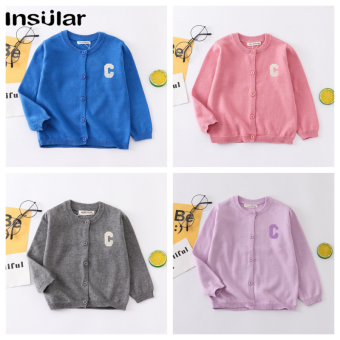 Insular trẻ em áo len cardigan, quần áo trẻ em vừa và nhỏ, áo len đan vai bông kẹo thêu C Lớn, áo len đan vai bông bé trai và bé gái