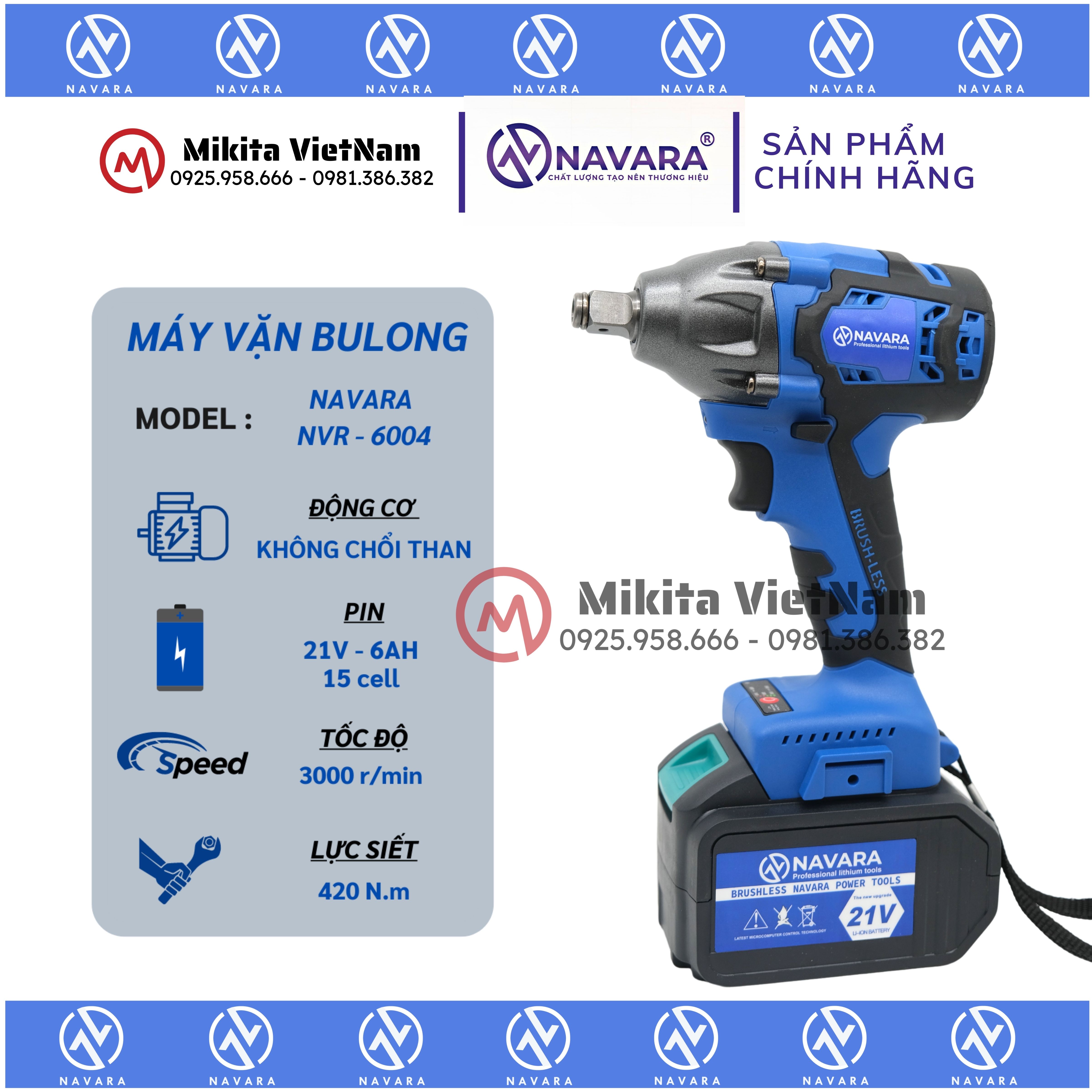Máy siết bulong navara nvr-6004 đông cơ không chổi than, pin 15 cell