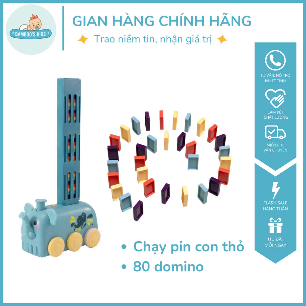 Xe đặt domino hình voi, Có nhạc và đèn, Chất liệu PU cao cấp cực bền, Xe chạy bằng pin con thỏ, có 80 khối domino 4 màu sắc khác nhau, Đồ chơi domino, Domino, Xe thả domino tự động, Xe thả hình khối, Domino cho bé - Bamboo's Kids