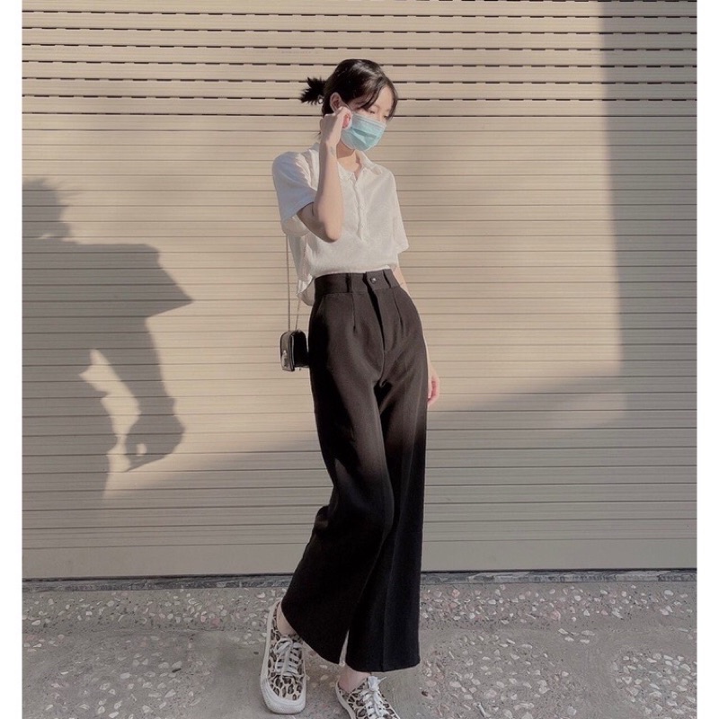 Quần ống rộng suông khoá trước tuyết mưa 1 khuy cạp cao khoá trước, quần ống rộng culottes
