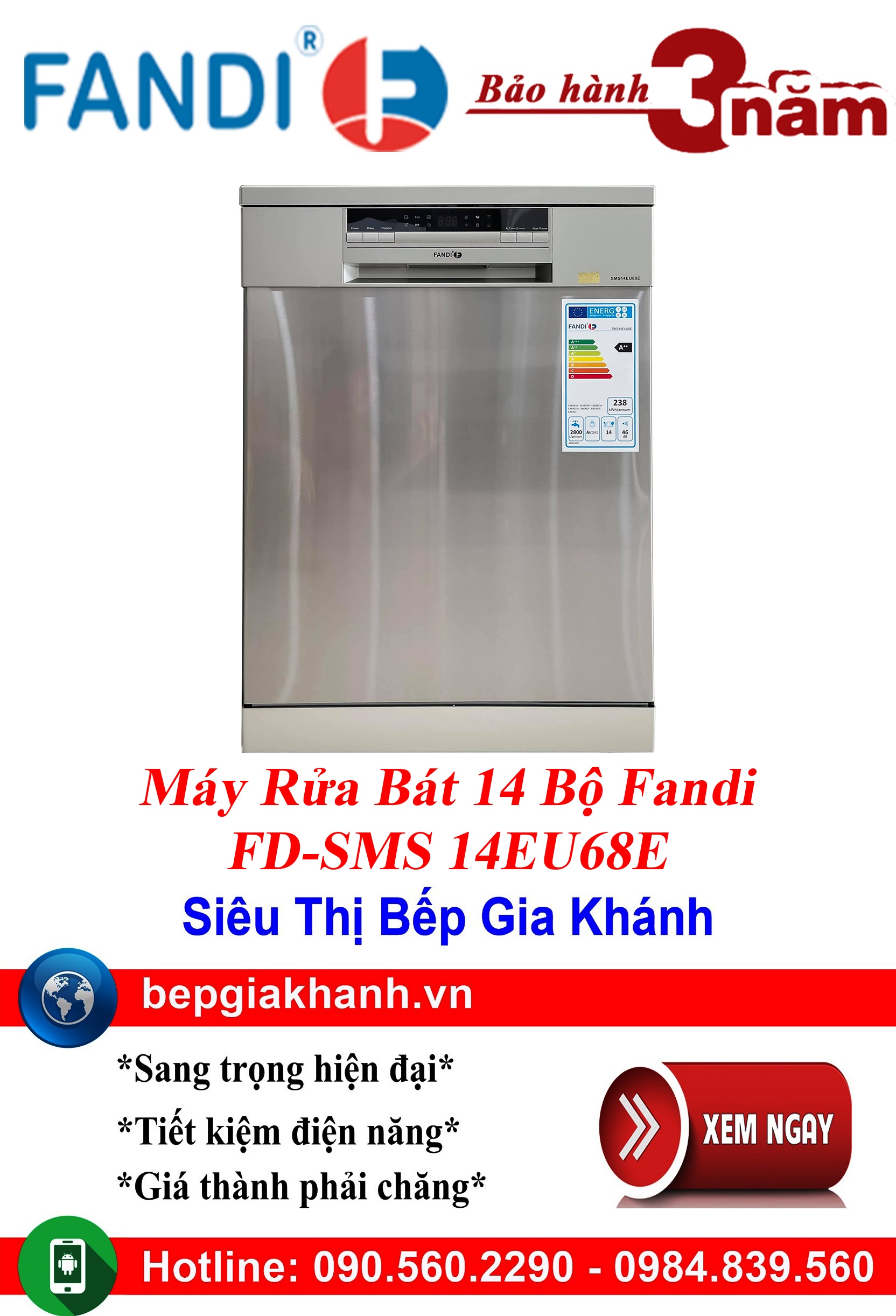 Máy rửa bát độc lập Fandi FD-SMS 14EU68E, máy rửa chén, máy rửa chén bát, máy rửa bát, máy rửa bát giá rẻ, may rua bat, may rua chen, may rua bat gia re