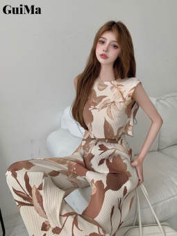 Guima Bộ Đồ Quần Ống Rộng Lau Nhà Thường Ngày In Xếp Li Áo Vest Sát Nách Phong Cách Thiết Kế Cho Nữ Xu Hướng Instagram Hai-Bộ Chi Tiết