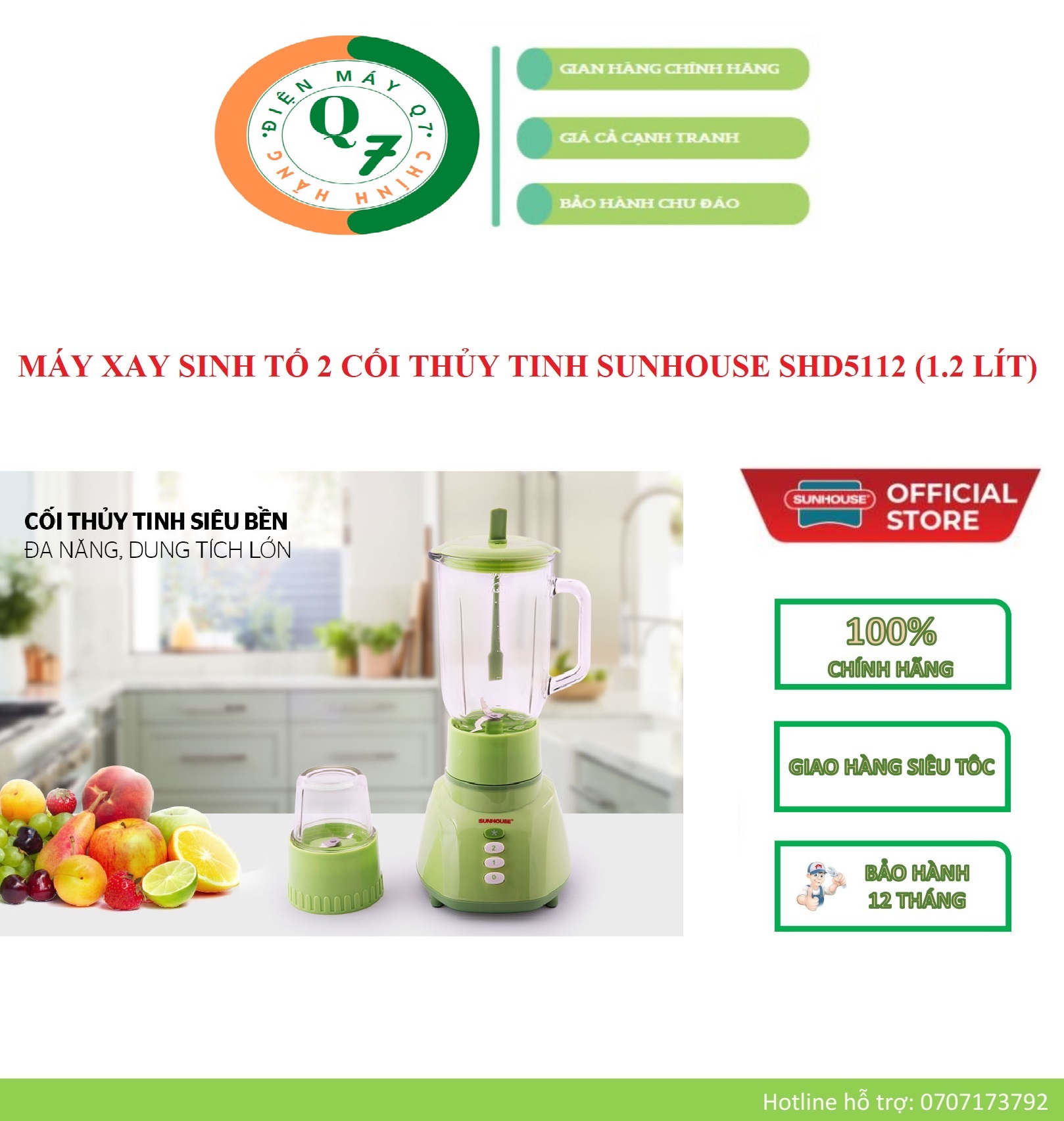 Shd5112 - máy xay sinh tố sunhouse 1l 2 cối thủy tinh – bảo hành chính hãng 12 tháng