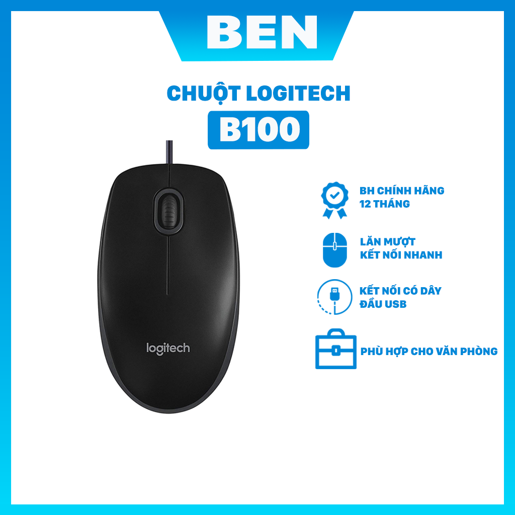 Chuột máy tính logitech b100 chính hãng giá rẻ - chính hãng bảo hành 36 tháng - ben computer store