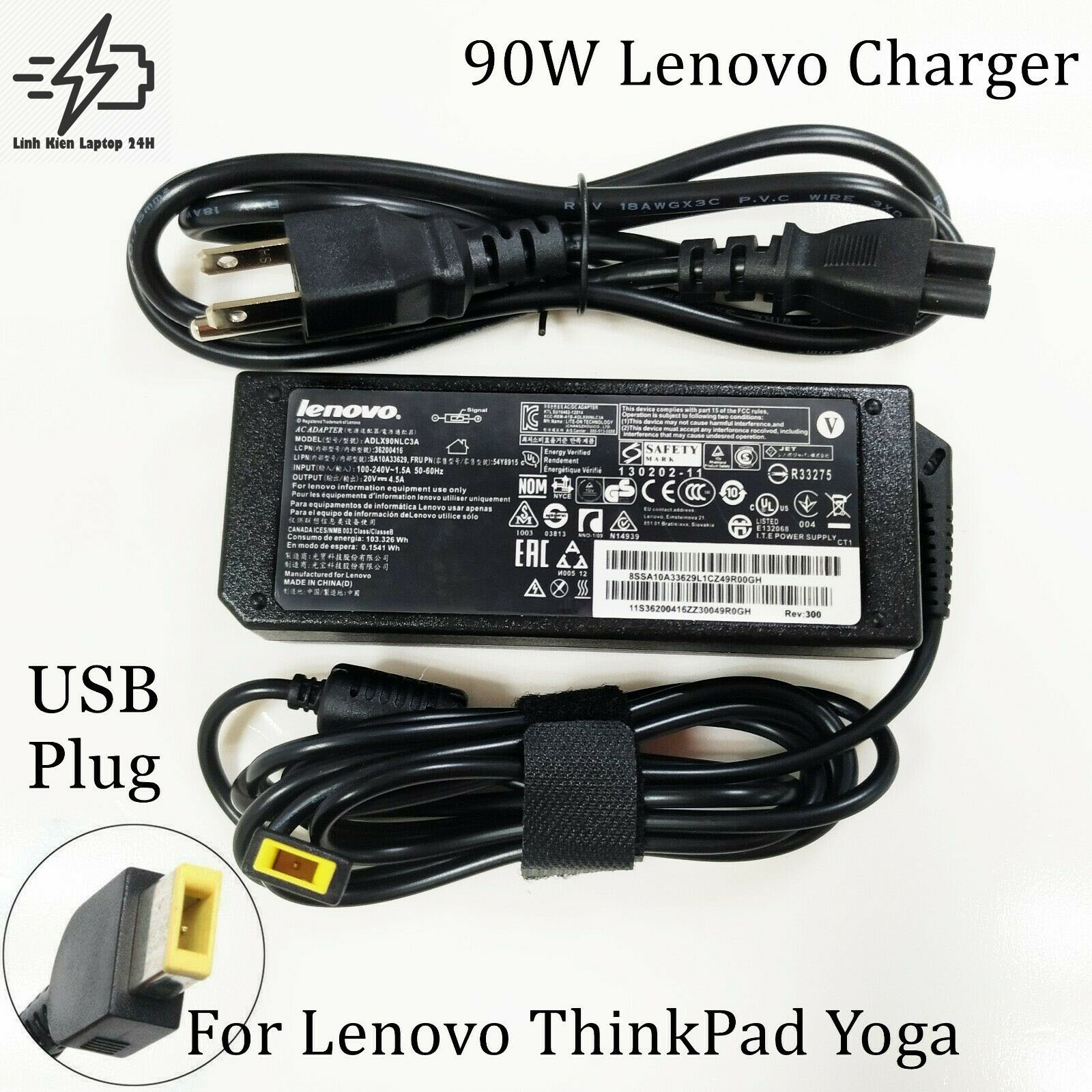 Sạc laptop lenovo đầu vuông 90w 20v 4.5a, bao gồm dây nguồn