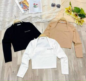 áo thun tay dài cổ vuông chữ thêu form ngắn thời trang thông dụng m435