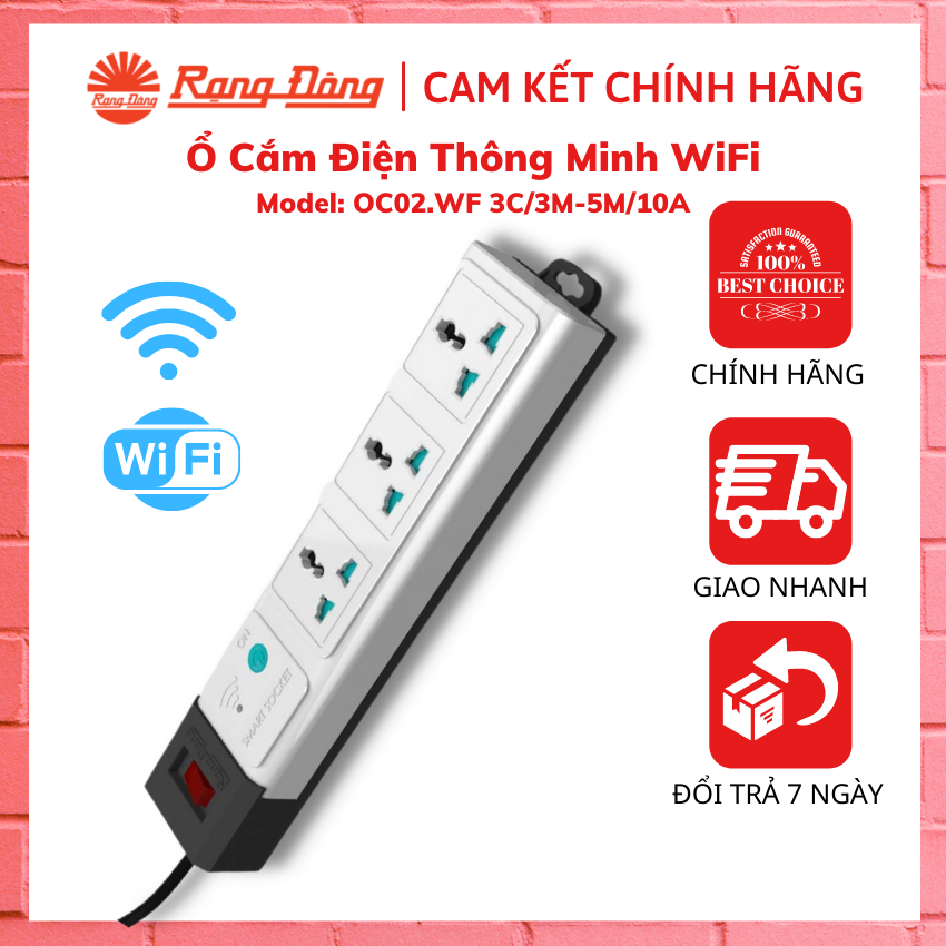 Ổ cắm điện thông minh wifi rạng đông oc02.wf 3c/3m/10a - oc02.wf 3c/5m/10a– ổ cắm đa năng phù hợp nhiều loại phích cắm