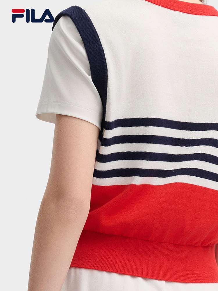 [NEW COLOR!] FILA CORE LIFESTYLE ORIGINALE FRENCH TENNIS CLUB Women Short Sleeve T-shirt + Sleeveless Knit Vest Set (Red / Blue)