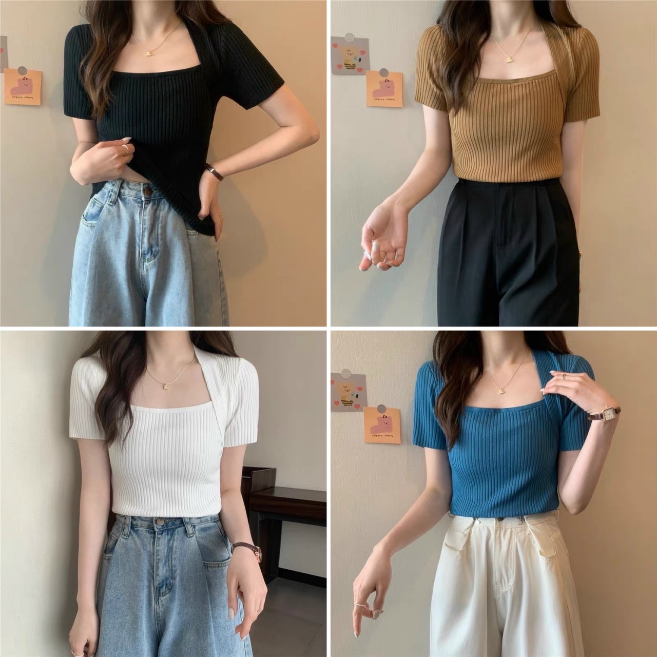Áo len cổ vuông tay ngắn co dãn tốt bigsize