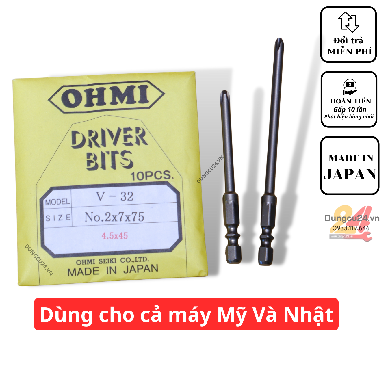 Mũi vít nhật ohmi chân ngắn máy mỹ +2 /+1