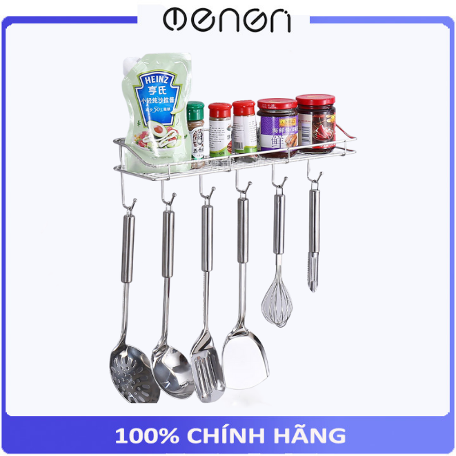 Kệ nhà tắm kệ nhà bếp inox hình chữ nhật kèm 6 móc treo đồ thông minh