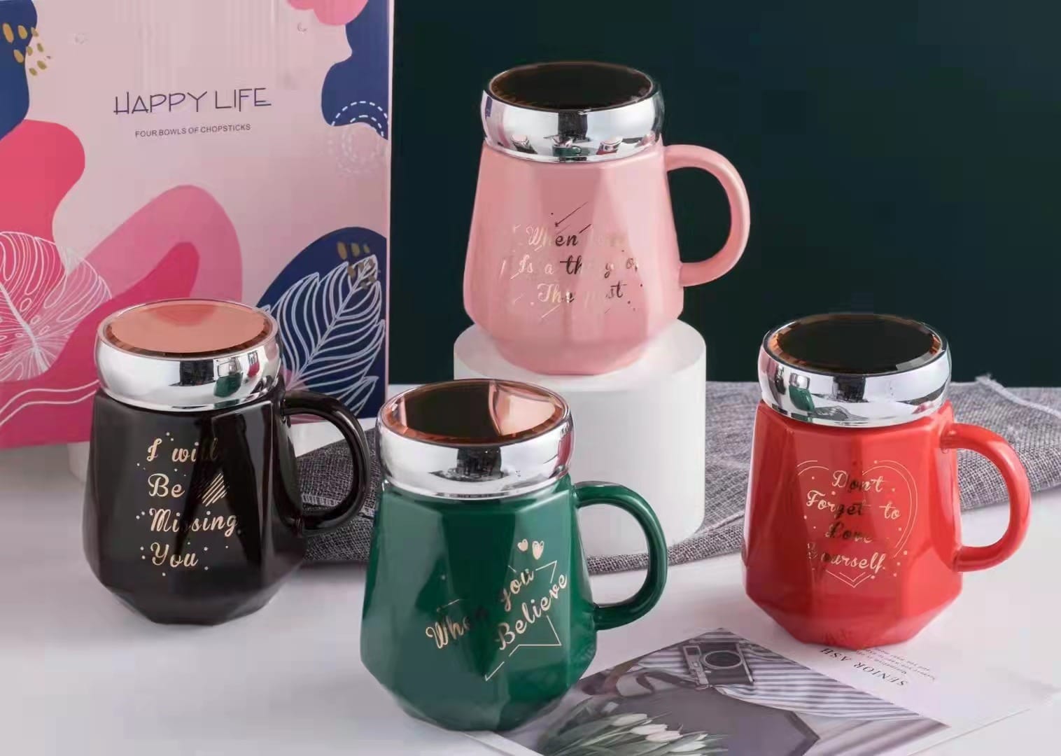 Mug/Gelas/Cangkir Keramik Set Cantik Tutup