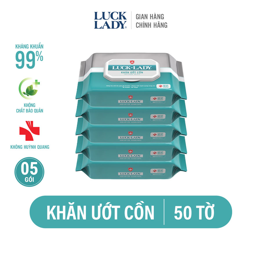 Combo 5 Khăn ướt cồn Lucky Lady 50 tờ diệt khuẩn 95 độ không mùi an toàn cho trẻ nhỏ