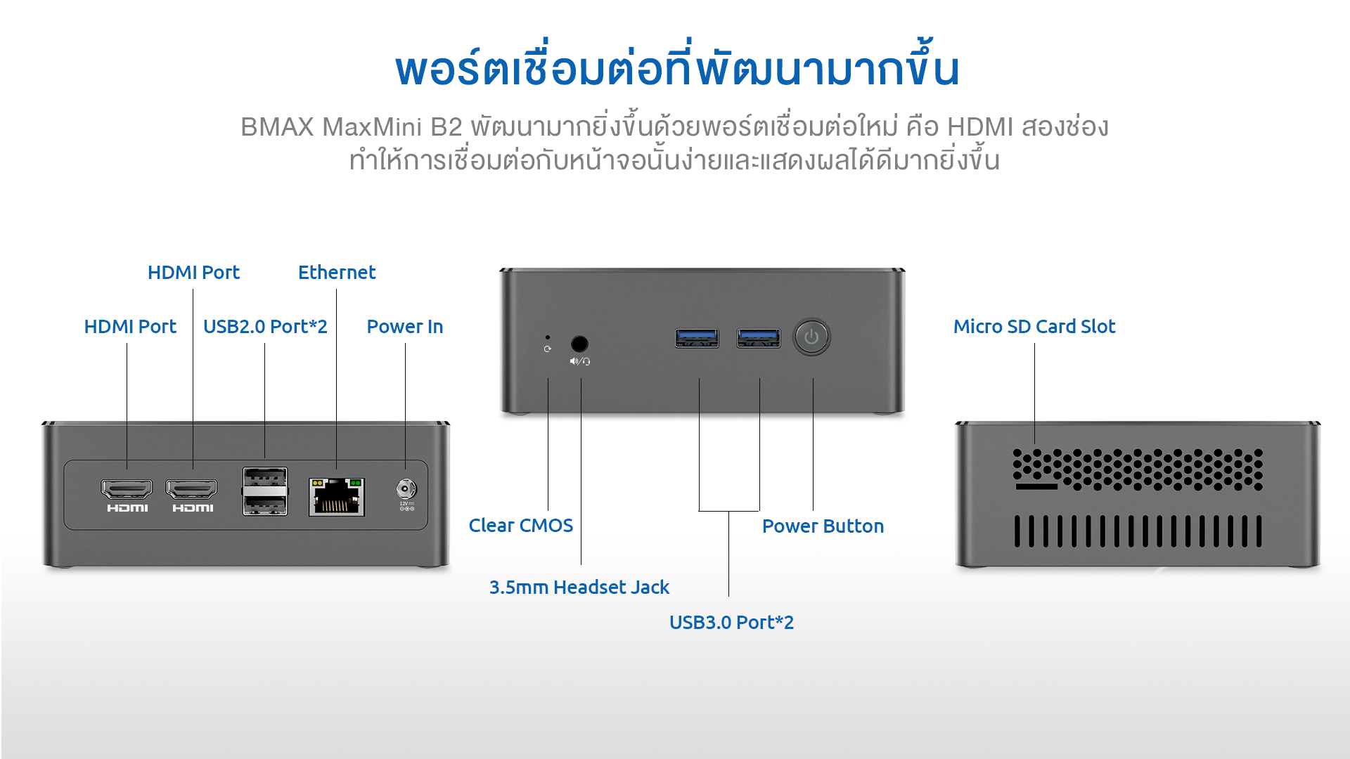 คำอธิบายเพิ่มเติมเกี่ยวกับ BMAX B2 Mini PC CPU Intel Quad Core 2.0GHz GPU Gen9 (18-EUs) RAM 8GB SSD 256GB Expand 2.5" HDD/SSD 1 Year Warranty in Thai