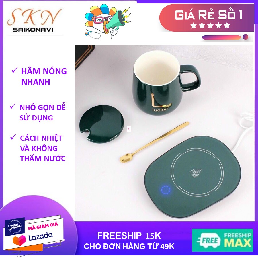 (HÀNG CAO CẤP) Máy, Cốc Làm Nóng, Đế Hâm Nóng Và Giữ Nhiệt cafe, sữa, đồ uống - Đế hâm nóng cốc điện tử kèm ly uống cà phê cao cấp - KÈM CỐC CÓ NẮP ĐẬY VÀ THÌA