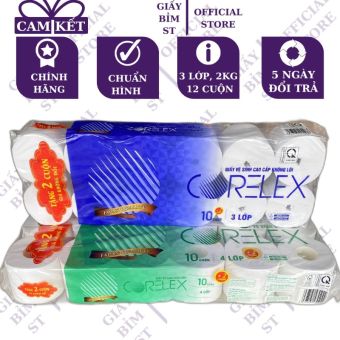 Giấy vệ sinh cuộn Corelex 3 lớp 12 cuộn/dây 2kg có lõi không lõi cao cấp