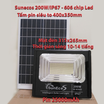 Đèn năng lượng mặt trời 200W SUNECO vỏ Nhôm đúc, Đèn pha Led Năng Lượng Mặt Trời Kèm tấm pin rời siêu bền, 400 Led 5730 siêu sáng remote thông minh cảm biến tự động, dây nối 5m, thời gian sáng 10 - 14h,  Bảo Hành 24 Tháng