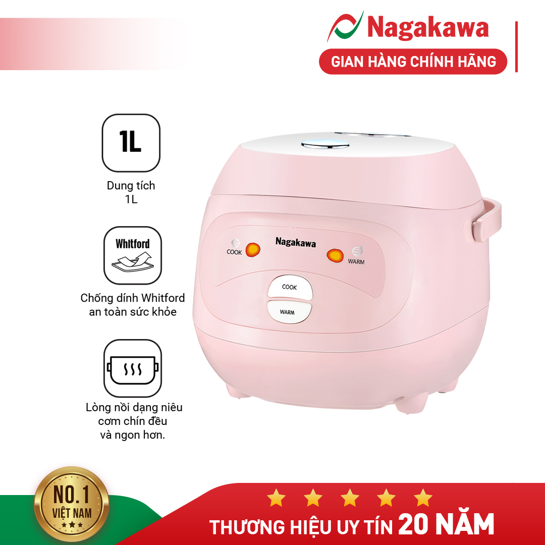 Nồi cơm điện mini Nagakawa NAG0134 dung tích 1L công suất 400W lòng niêu dày dặn phủ chống dính an t