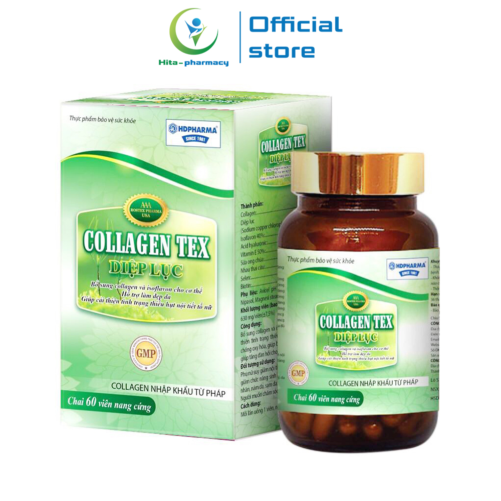 Collagen Tex Diệp Lục giúp đẹp da, giảm nám sạm da, chống lão hóa, tăng nội tiết tố nữ - Chai 60 viên