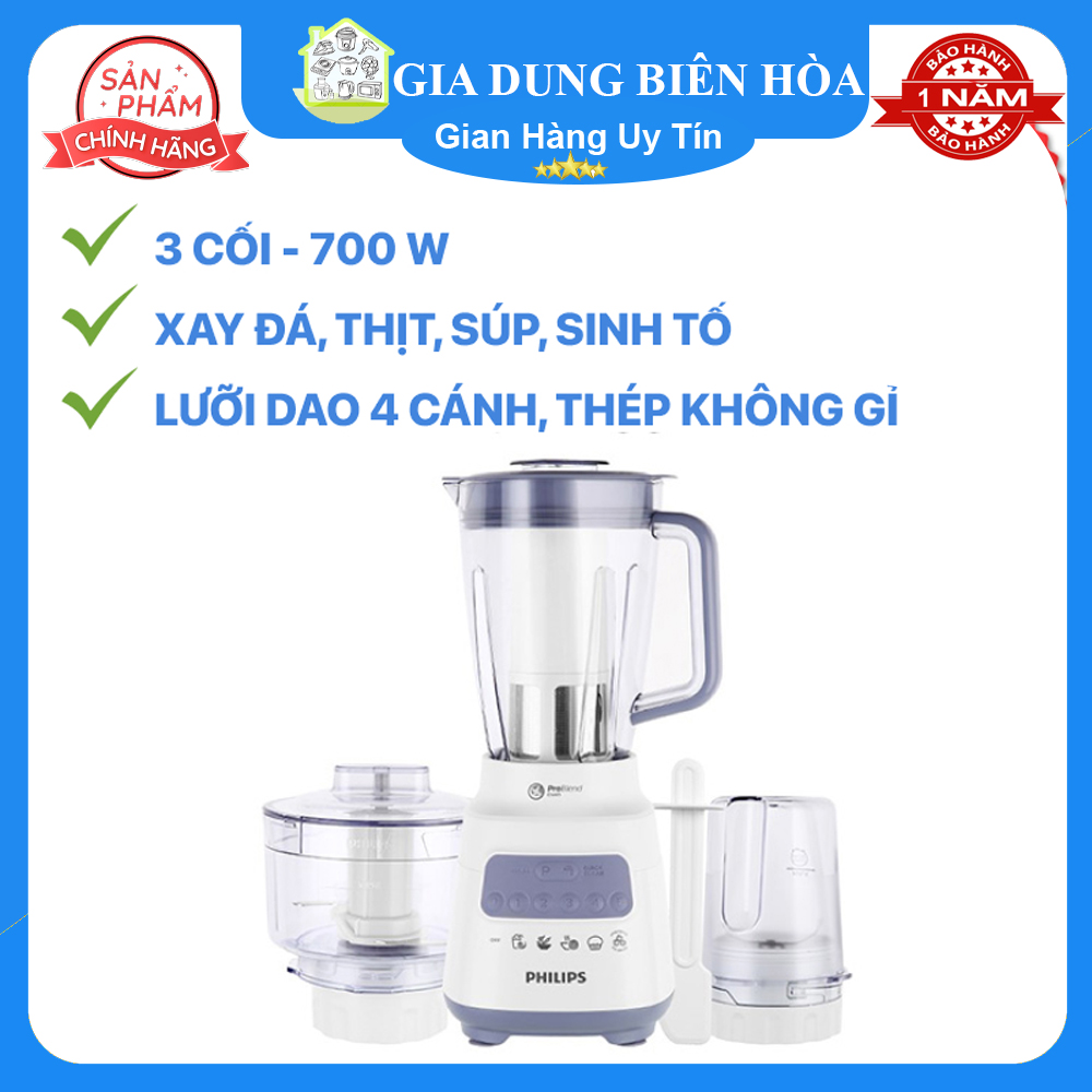 Máy xay sinh tố đa năng Philips HR2223/00-Công suất:700W-3 cốiCối lớn 1.5 lít - Cối nhỏ 0.5 lít - Cối xay thịt 1 lít-Chân đế chống trượt-Máy chỉ hoạt động khi lắp cối vừa thân máy-Tự ngắt khi quá tải