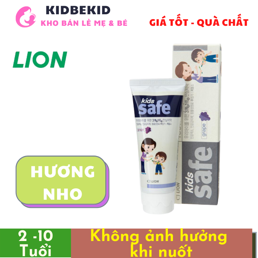 Kem đánh răng cho bé 2-10 tuổi Lion Kids Safe, hương nho, không ảnh hưởng khi nuốt | Nhập khẩu Hàn Quốc, date 2023