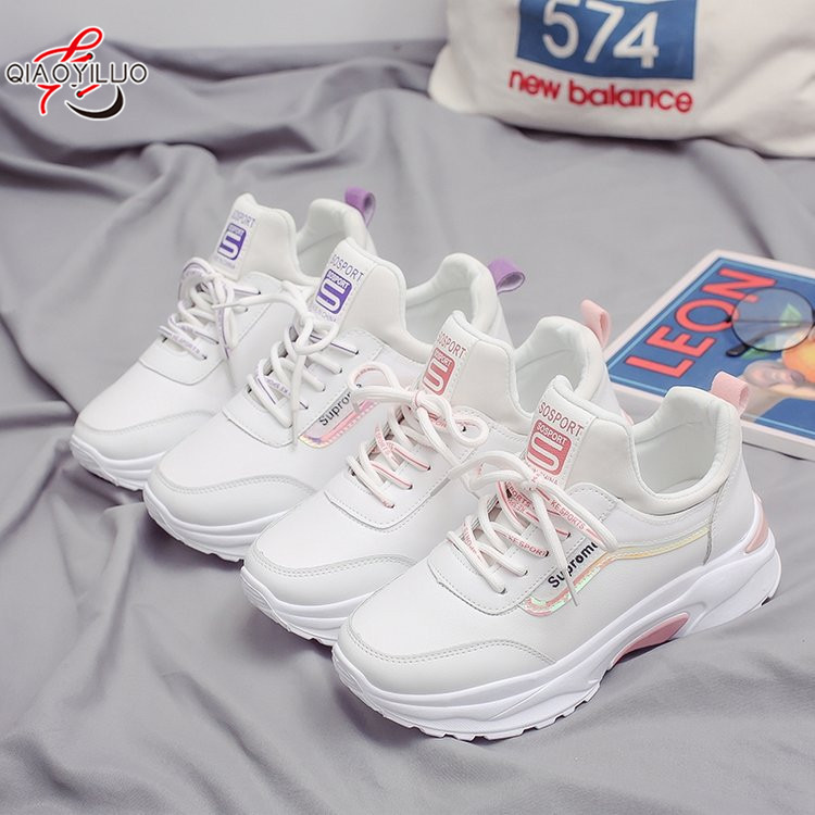 QiaoYiLuo new fashion shoes women White shoes female white leather breathable sport shoes female thick shoes women's sport shoes female casual shoes all match