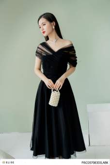 Đầm đen phủ lưới lệch vai thiết kế Elise FW2207083DILABK