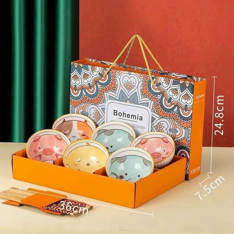 Bộ chén bát ăn cơm hoạ tiết dễ thương tặng kèm 6 đôi đũa bohemia có hộp đẹp để làm quà tặng