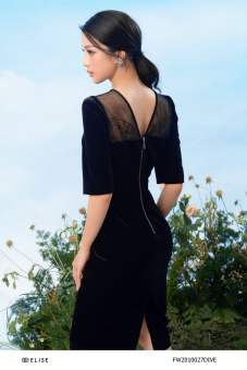Đầm nhung đen cổ lưới thiết kế Elise FW2010027DIVEBK