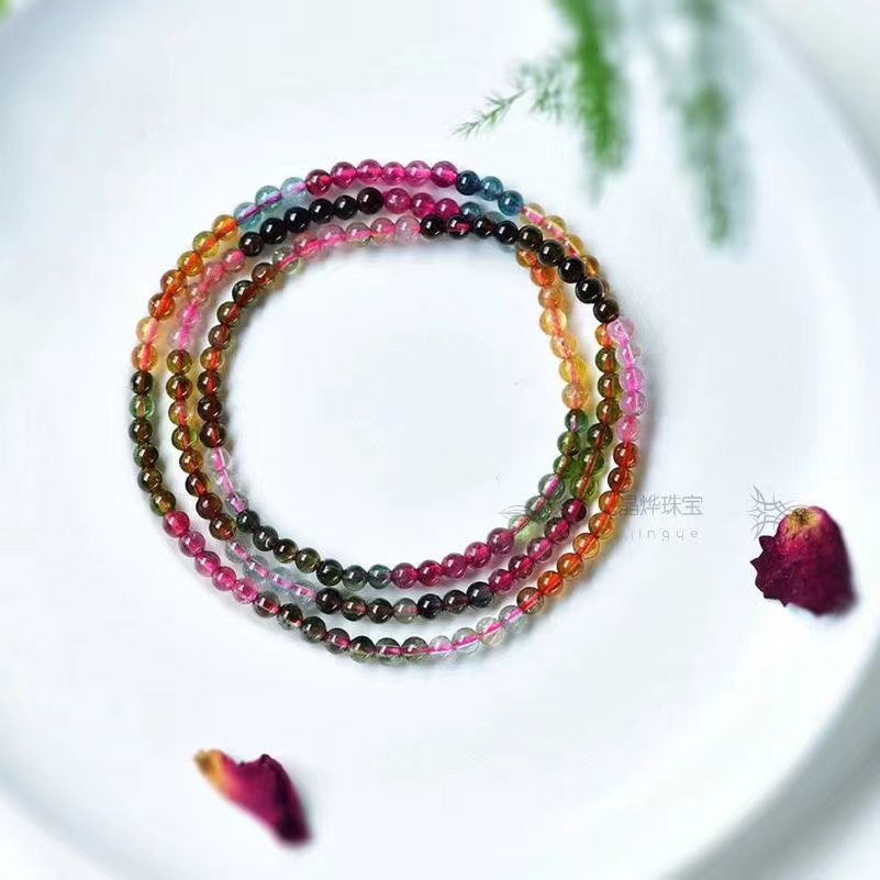Vòng tay đá tourmaline trong suốt tự nhiên chất liệu cũ vòng tay ba vòng tròn nhiều màu vòng tay pha lê nước đá tourmaline cho nữ 3.5mm