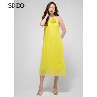 Đầm tơ xanh neon xếp ly cổ yếm thời trang SIXDO