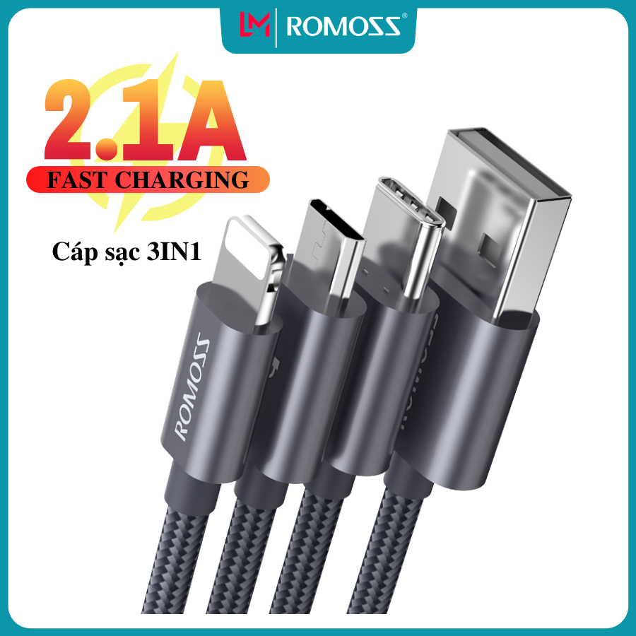 Cáp sạc romoss, cáp sạc 3in1 cb25a cổng sạc type-c lightning micro usb dây dài 2m