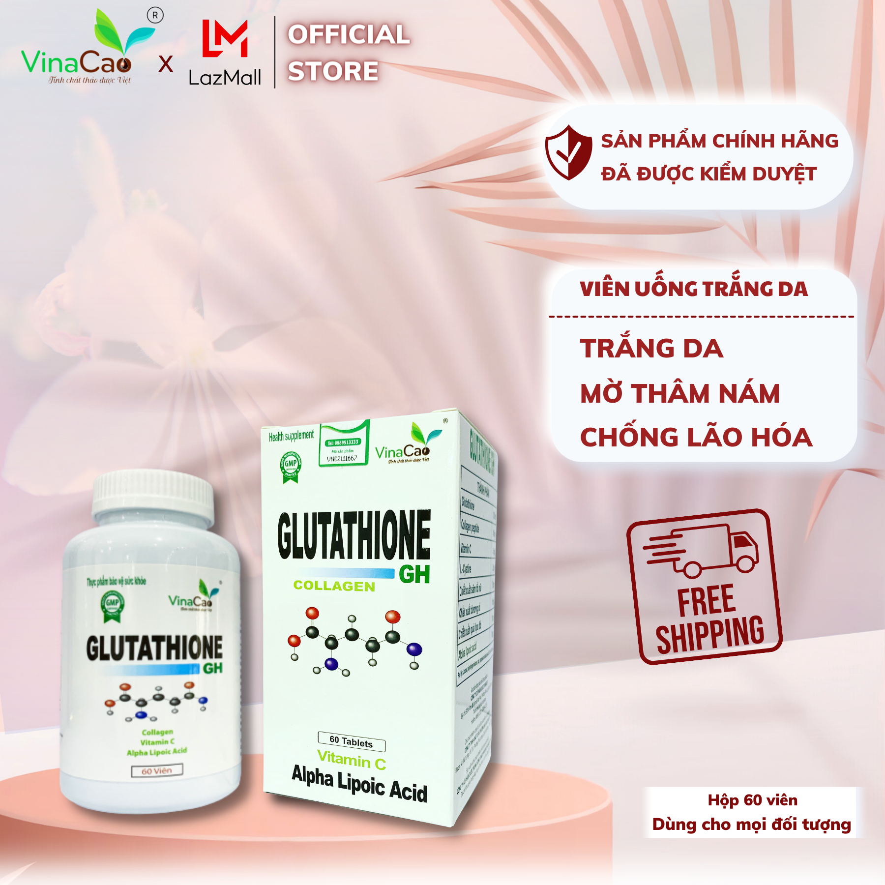 Viên uống trắng da Glutathione Collagen GH Vinacao - Hộp 60 viên - Giảm nám sạm da, tàn nhang, làm sáng da, trắng da, hạn chế quá trình oxi hóa; Tăng cường sức đề kháng, hệ miễn dịch