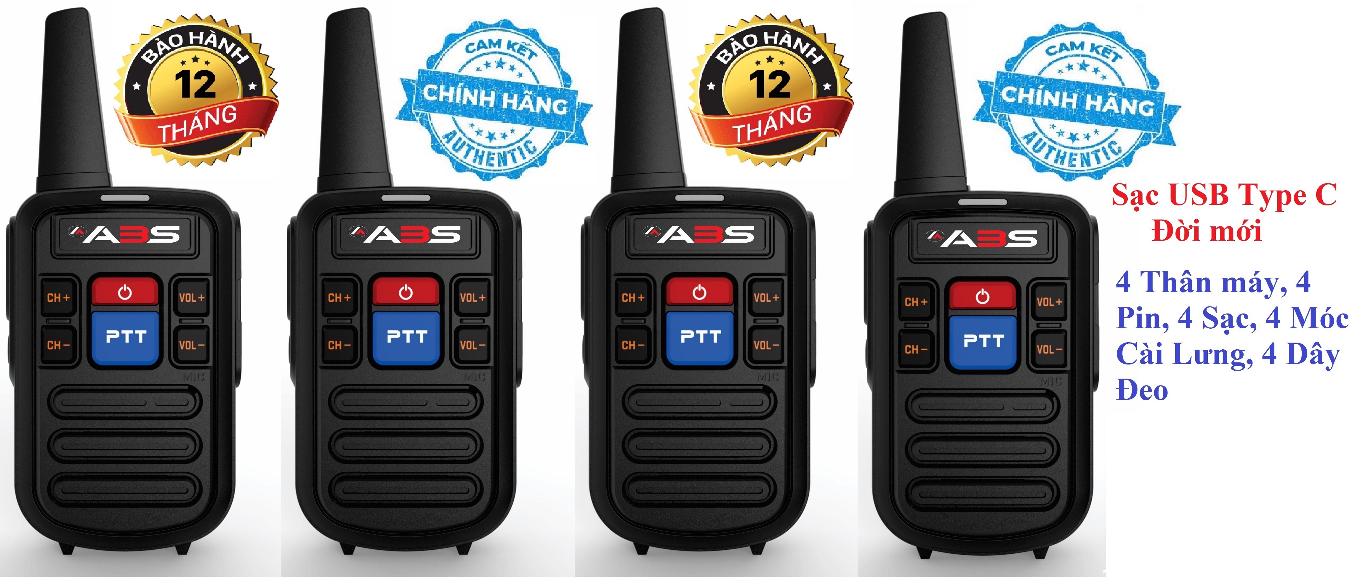 Bộ 4 Bộ đàm siêu nhỏ chất lượng khủng ABS GP800 (2 Phím bấm PTT, Sạc USB Type C)