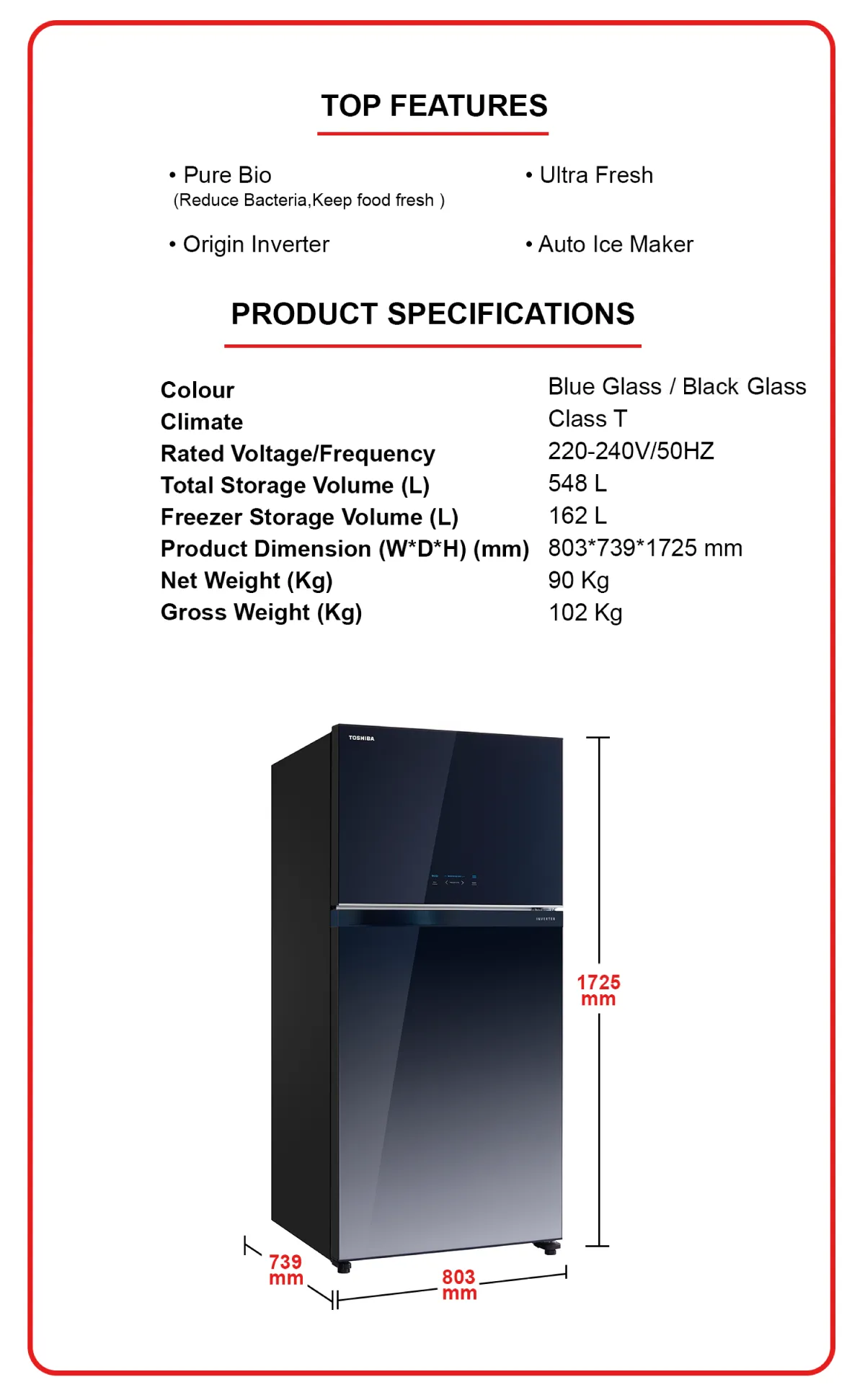TOSHIBA GR-RT735WE-PGX 548L FRIDGE | Top Freezer | 3 Ticks