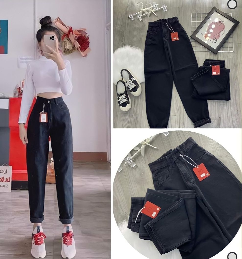 Quần jean baggy nữ đen trơn, Quần bò nữ cạp cao - chất jean dày dặn - Thòi Trang A Phúc
