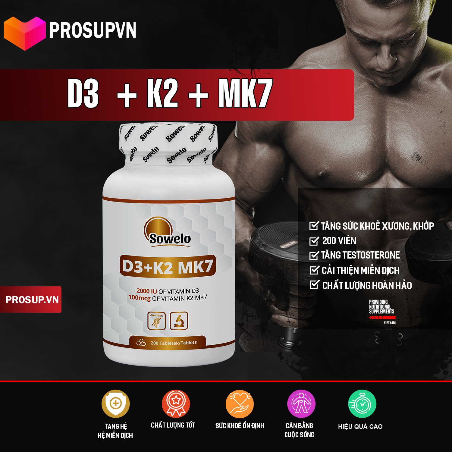D3K2 MK7 vitamin D3 (2000IU) + K2 (100mcg)(200 viên) Sowelo Nutrition - Thức phẩm hỗ trợ xương khớp tăng sức khoẻ xương