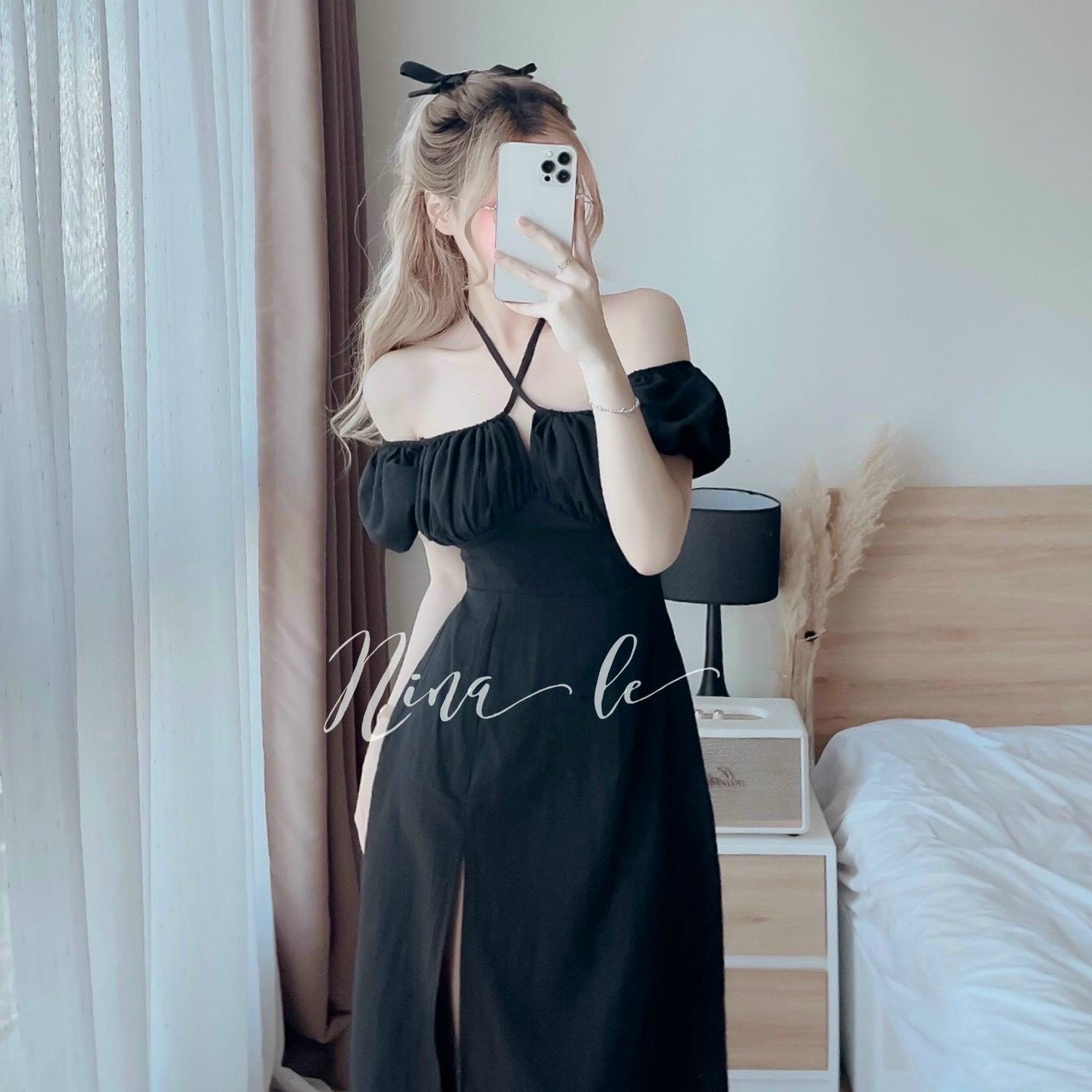 Đầm nữ cổ yếm dáng dài xẻ tà phù hợp đi tiệc, dạo phố