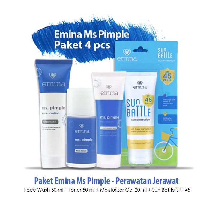 Paket Basic Skincare Emina Ms Pimple Acne Solution 4 pcs / Perawatan Jerawat ( Face Wash 50 ml, Moisturizer Cream 20 ml, Toner 50 ml, Sun Battle SPF 45)