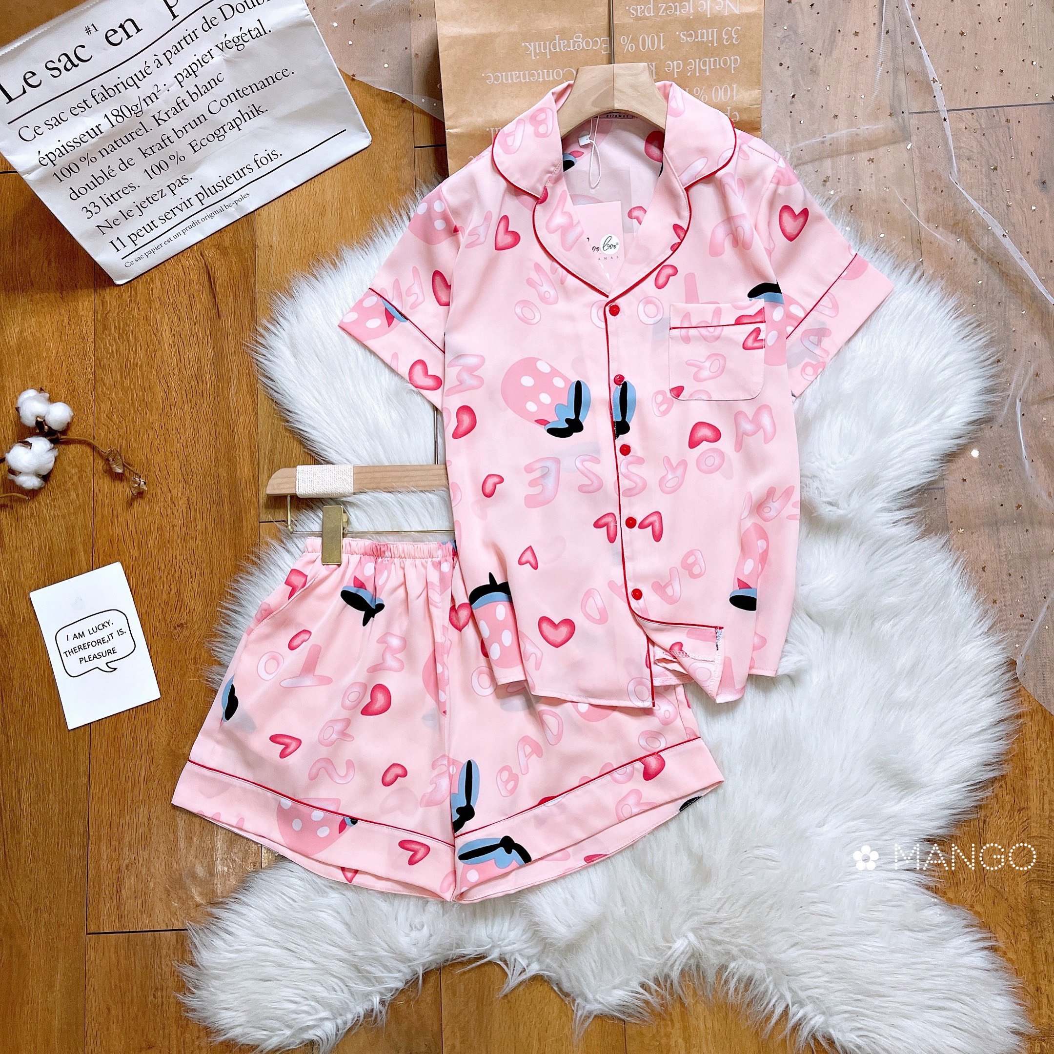 Bộ ngủ lụa mặc nhà, bộ pijama lụa mango cộc đùi cho bé gái từ 14-42kg - boody - bpn55