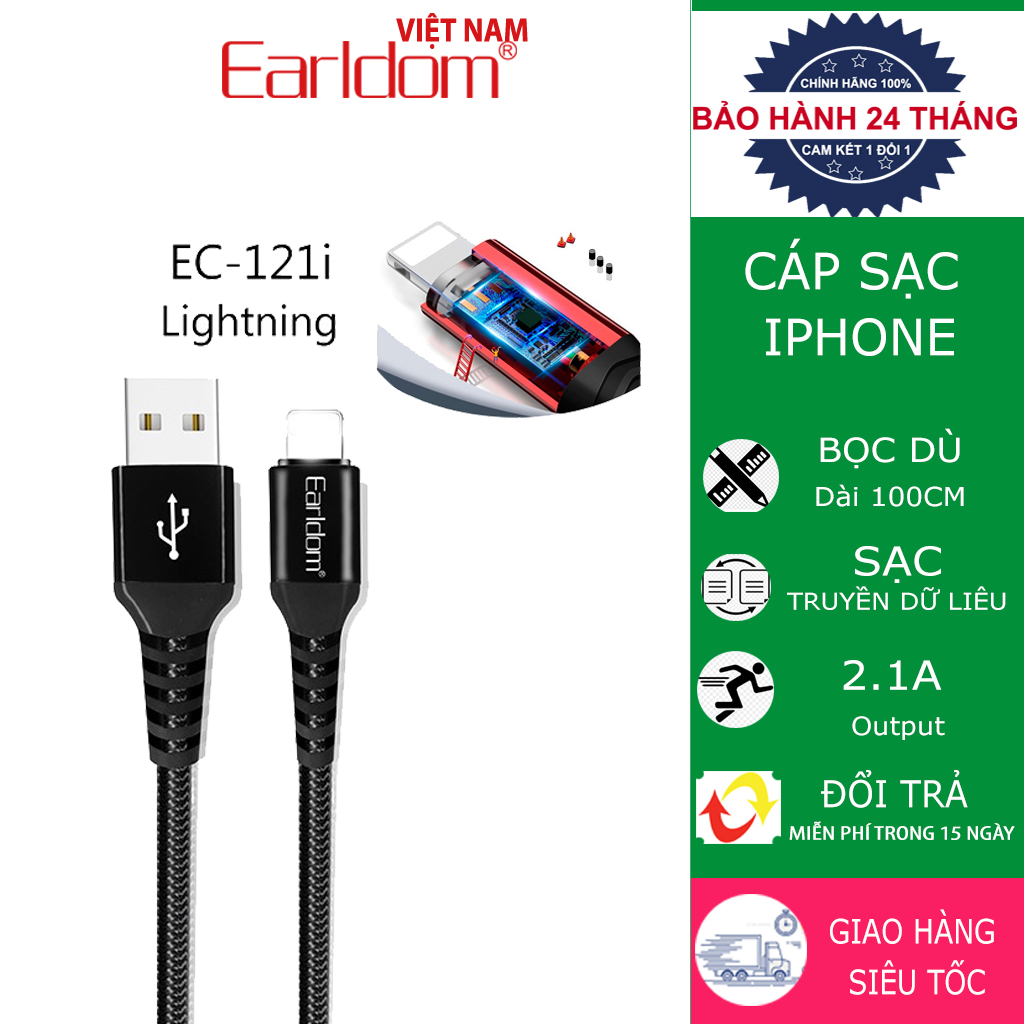 Cáp Sạc Nhanh Iphone chân Lightning Dài 1m dành cho iPhone 12 Pro Max 11 Xs Max Xr X 8 7 6 6S 5 5S Se Ipad  EARLDOM EC 121  Bọc Dù Siêu Bền chống đứt gãy dối - BẢO HÀNH 24 THÁNG