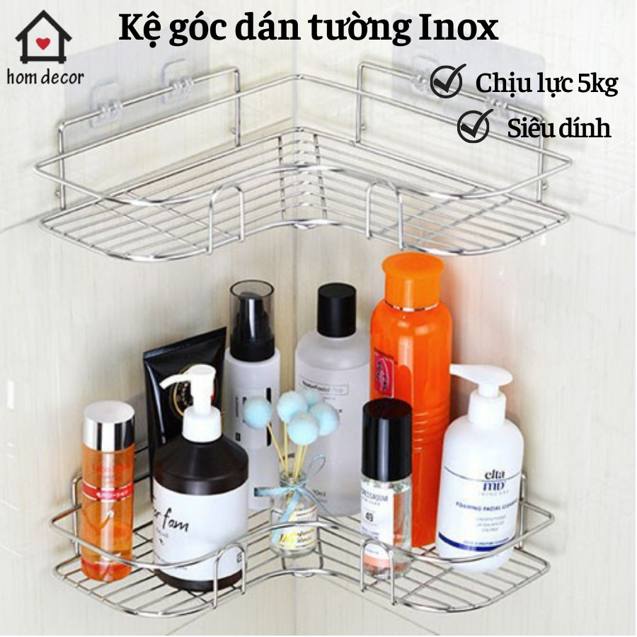 Kệ góc Inox không gỉ nhà tắm, nhà bếp, phòng khách dán tường siêu dính chịu lực 10kg