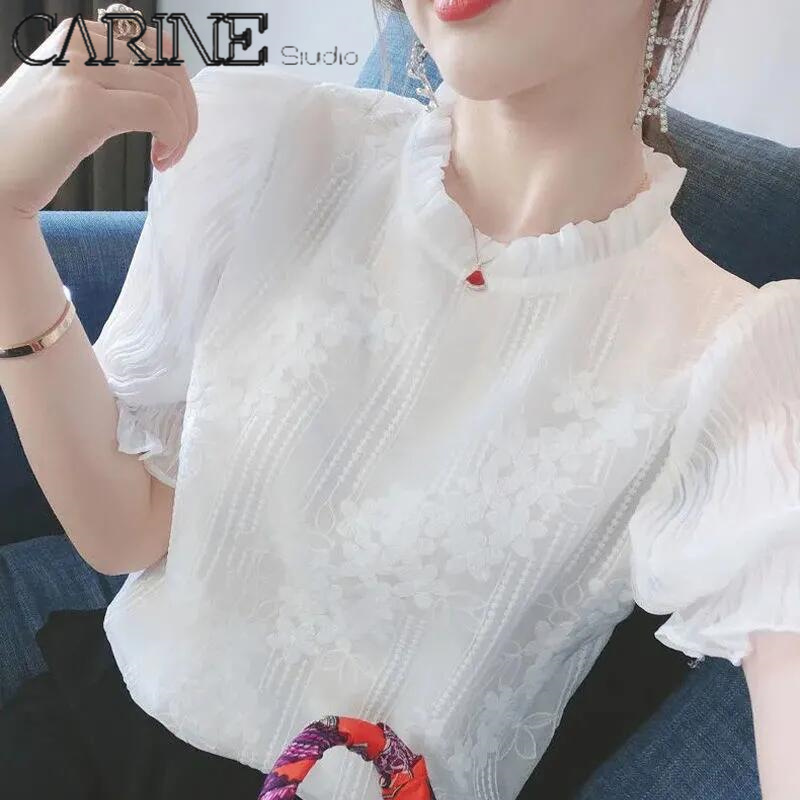 CARINE áo sơ mi nữ kiểu đẹp đi chơi Hàn Quốc  áo trắng thêu hoa(40-70KG)