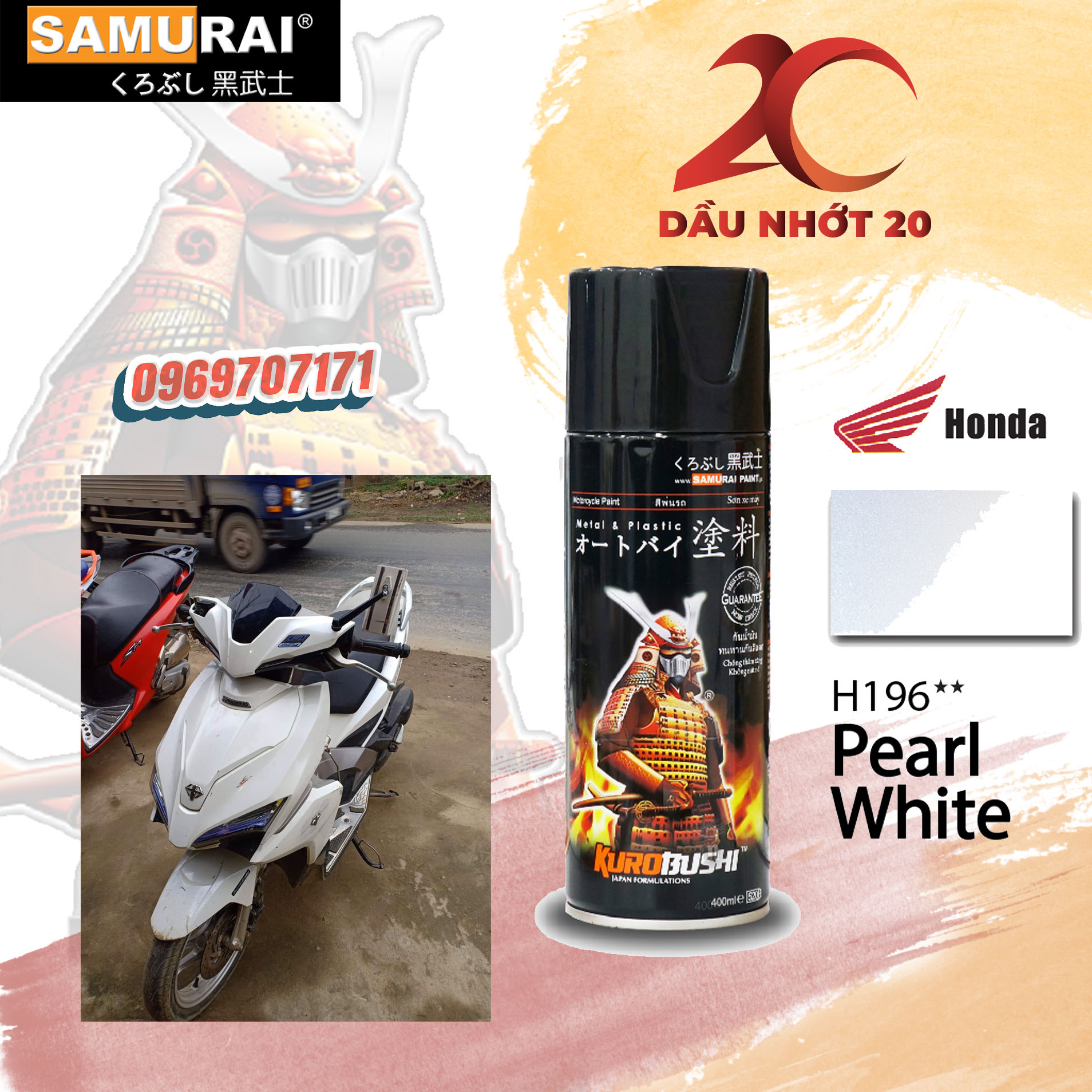 H196 _Sơn xit Samurai H196 màu trắng ngọc trai_ Pearl White Honda