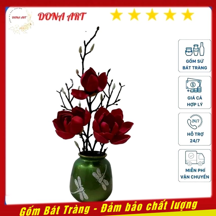 Bình cắm hoa gốm sứ trang trí, Dona Art Shop DA06 Bình gốm sứ men bóng họa tiết hoa chuồn, Bình hoa gốm sứ Bát Tràng
