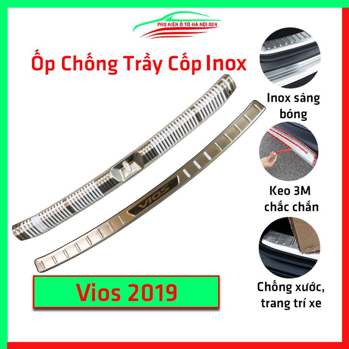 Ốp chống trầy cốp ô tô Vios 2019-2023 INOX cao cấp, ốp dán bậc cốp trong ngoài chống trầy xước, tran