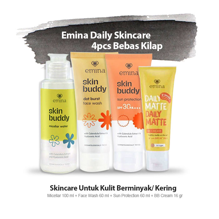 Paket Emina Bebas Kilap Skin Buddy Daily Matte 4 pcs (Micellar 100 ml, Face Wash 60 ml, Sun Protection 60 ml, BB Cream 16 gr)