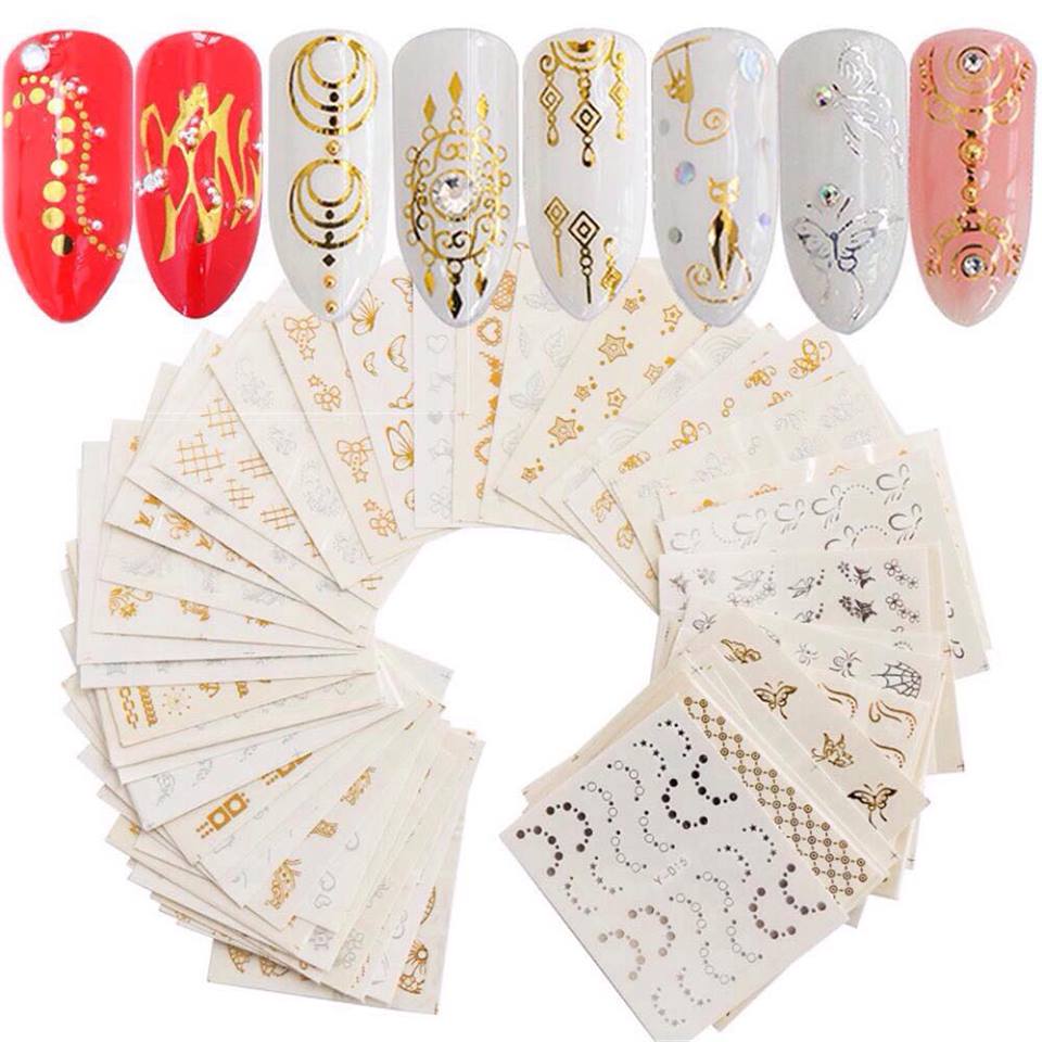 Bộ 10 tấm sticker dán móng nghệ thuật Nail art màu vàng kim siêu đẹp (200-240 hình) - tự làm nail tại nhà với decal dán đơn giản rẻ đẹp hơn ở tiệm nail